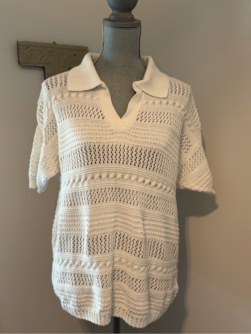 JOIE Crochet Open Knit Short Sleeve Polo Sweater size 1X | White